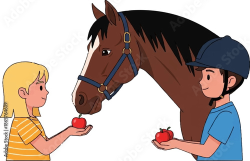 Two children offer apples to a brown horse with a blue halter