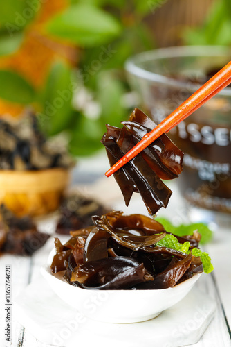 Black Fungus Wood Ear Mushroom with Chopsticks Studio Food Photography