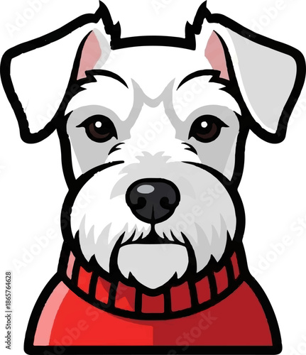 A stylized white dog with a beard and mustache wears a red sweater