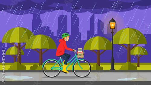 Person riding bicycle in the rain with cityscape background.