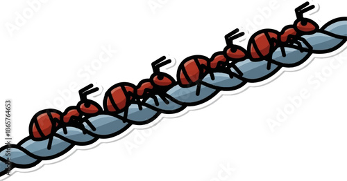A line of red ants marching along a gray, textured rope