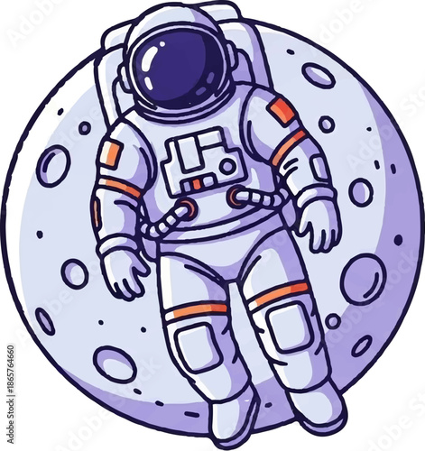 A cartoon astronaut floats in front of a cratered moon