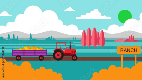 Vibrant illustration of a red tractor on a ranch with mountains in the background.