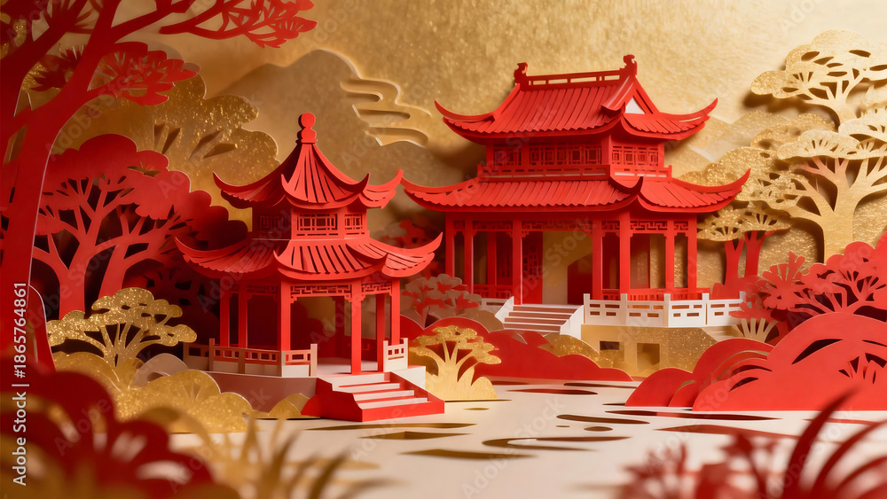Obraz premium Layered papercut architecture expressing refined Eastern beauty