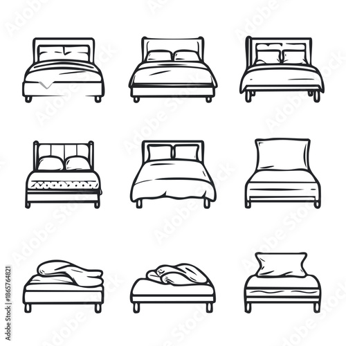 Nine different bed designs in line art style