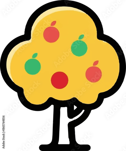 A simplified, stylized tree with a yellow canopy bearing red and green fruits