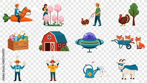 Collection of colorful farm icons and characters.