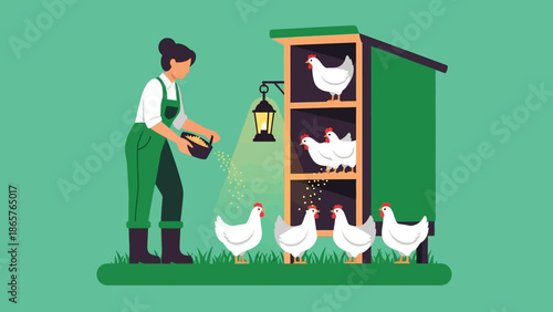Farmer Feeding Chickens in a Coop with Lantern Light.