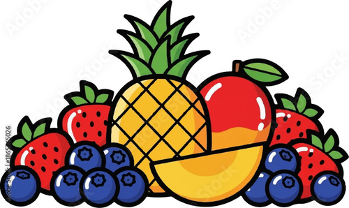 A vibrant assortment of fresh fruits, including strawberries, blueberries, pineapple, and mango
