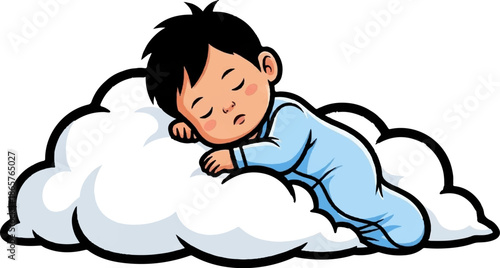 A sleeping baby in a blue onesie rests on a fluffy white cloud