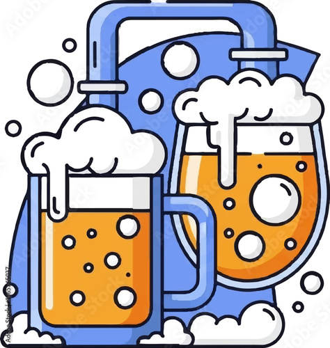 Bubbling amber drink in glasses with foamy tops