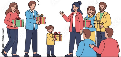 A diverse group of people exchanging gifts, smiling happily in a festive gathering