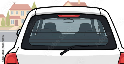 Back view of a white car parked on a street in a suburban neighborhood