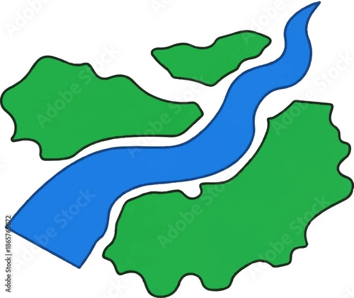Abstract green land masses are separated by a winding blue river