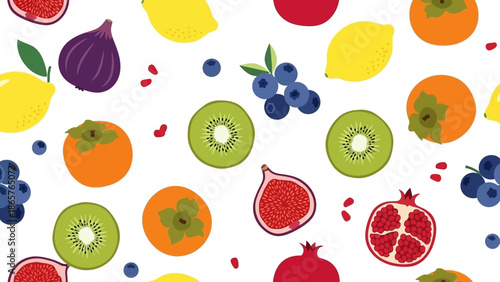 Colorful seamless pattern of various fruits and berries on white background.