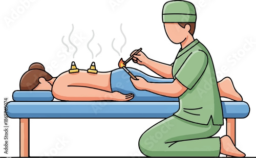 Practitioner applies heat to suction cups on a person's back lying on a table