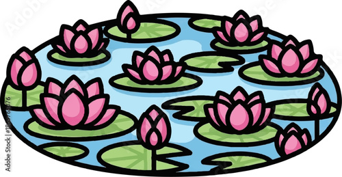 An oval pond filled with pink water lilies and green lily pads