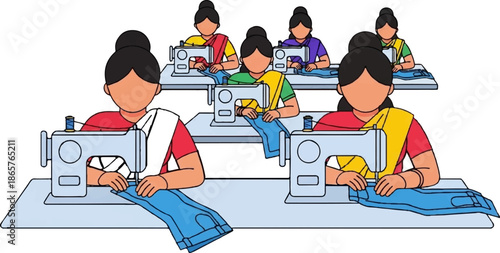 Six women in colorful attire diligently operate sewing machines on blue fabric