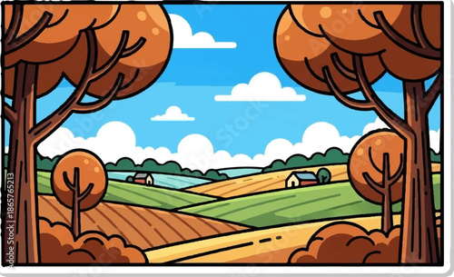 Stylized farm landscape with autumnal trees framing rolling fields under a bright blue sky