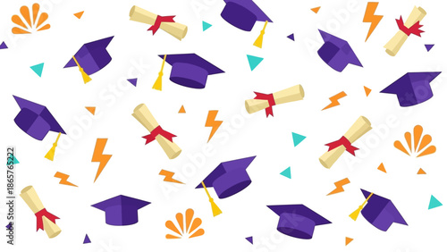 Graduation caps and diplomas falling from the sky.