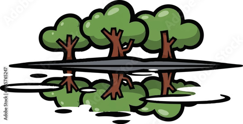 Three stylized trees with green canopies and brown trunks reflected in dark water