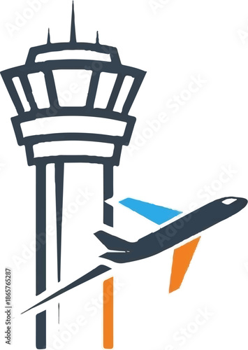 Stylized airport control tower and airplane silhouette