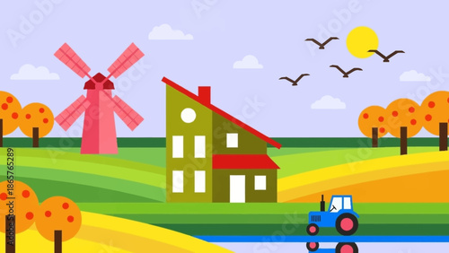 Rural landscape with house, windmill, and tractor in autumn.