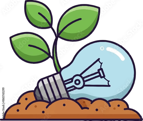 A lightbulb emerges from soil with green leaves growing from its top
