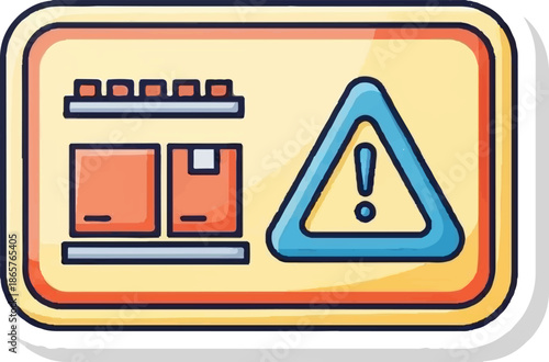 Cautionary sign with boxes and exclamation symbol on shelves