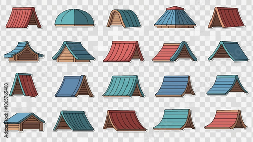 Diverse cartoon roof designs in red, blue, and green tones, showcasing various shapes