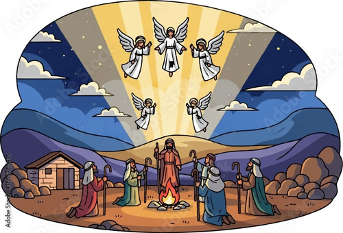 Shepherds gaze at angels during a night sky revelation