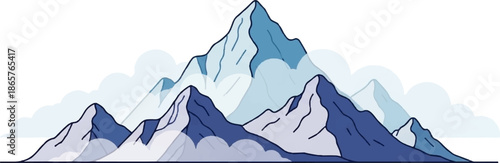 A stylized mountain range with snow-capped peaks shrouded in soft, ethereal clouds
