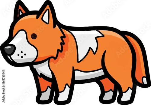 A charming cartoon illustration of a small, orange and white canine, with pointed ears and a bushy tail