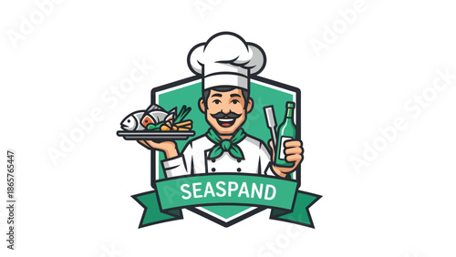 Chef holding a platter of seafood and a bottle of wine.