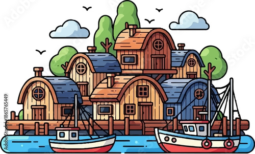 A charming cartoon cluster of weathered wooden buildings on stilts, bordered by water with two fishing boats