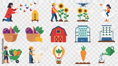 Collection of colorful farming and agriculture icons.