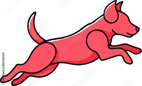 A simplistic, cartoonish red dog in mid-leap, with black outlines and a playful tail