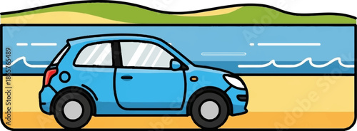 A blue cartoon car is parked on a sandy beach next to the ocean