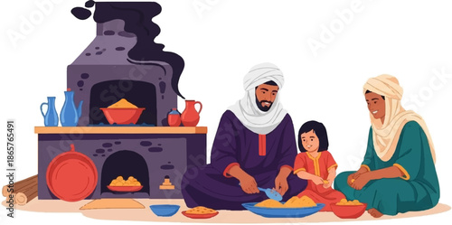 Family preparing food together near a traditional oven with smoke rising