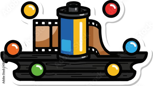 Cartoon film roll on a wooden surface with colorful spheres