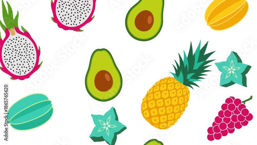 Colorful cartoon fruits and stars on white background.