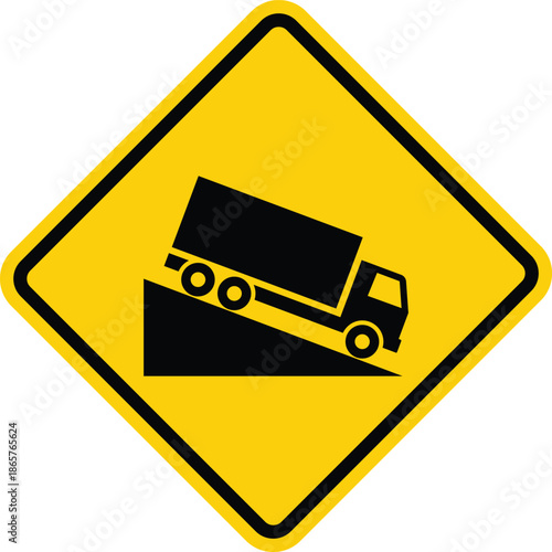 Yellow warning sign with black truck icon on a steep incline steep hill road sign