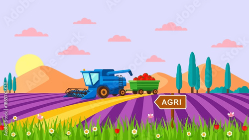 Agricultural landscape with tractor harvesting crops in a field.