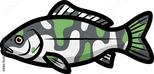 A stylized fish with camouflage pattern in grey, green, and white