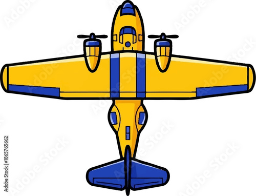 A cartoon top-down view of a yellow and blue twin-engine propeller airplane