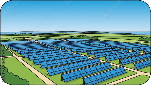 Vast array of solar panels converting sunlight into clean energy under a clear blue sky