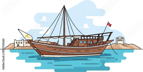 A traditional wooden dhow sails on calm blue waters near a sandy coastline with buildings