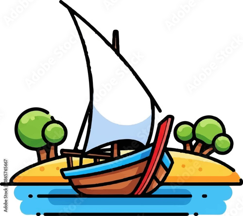 A colorful cartoon sailboat rests on blue water near sandy islands with green trees