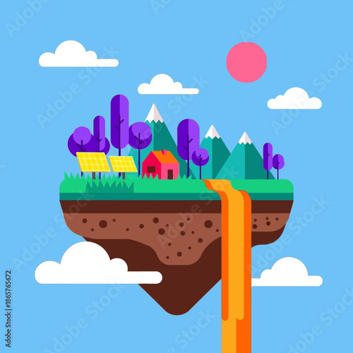 Floating island with houses and trees in the sky.