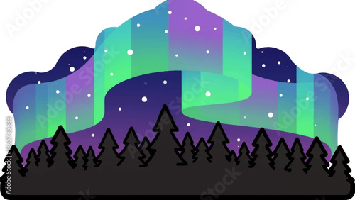 Colorful aurora borealis glows above a silhouetted pine forest under a starry night sky